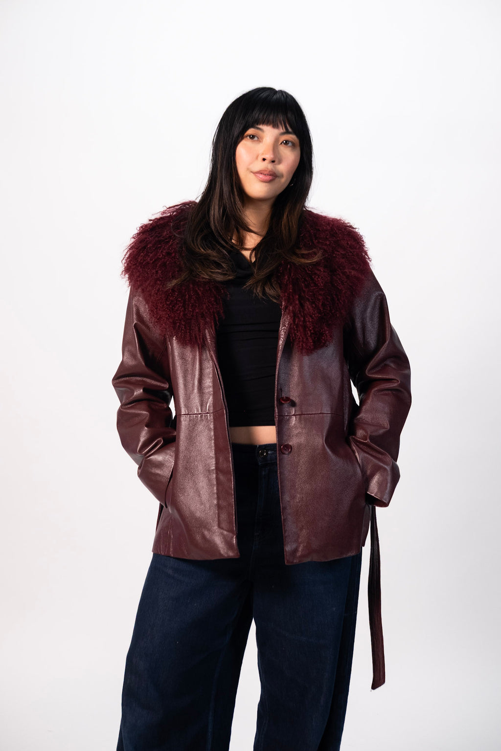 90's Oxblood Leather and Fur Trim Jacket