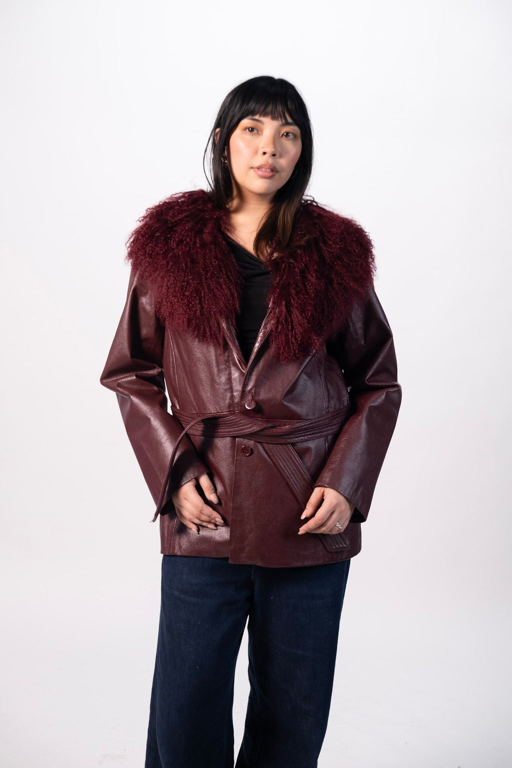 90's Oxblood Leather and Fur Trim Jacket