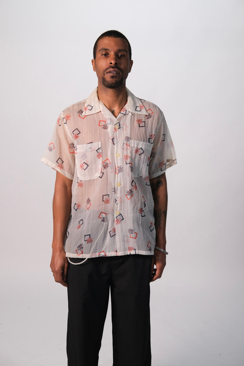 50s Sheer Patterned Button Up Shirt